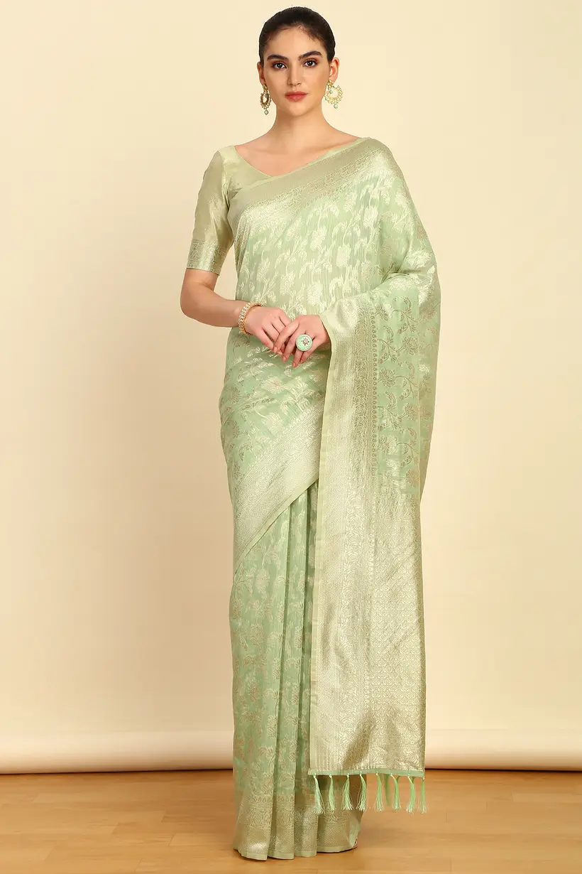 Sap Green Floral Jacquard Weave Tussar Saree